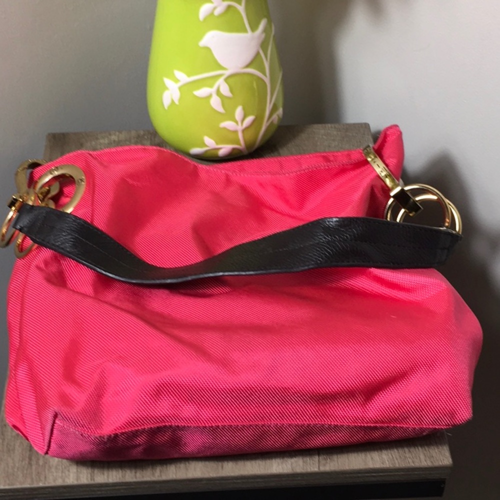 Gold-Ring Hot Pink Shoulder Bag with Dark Brown Strap
